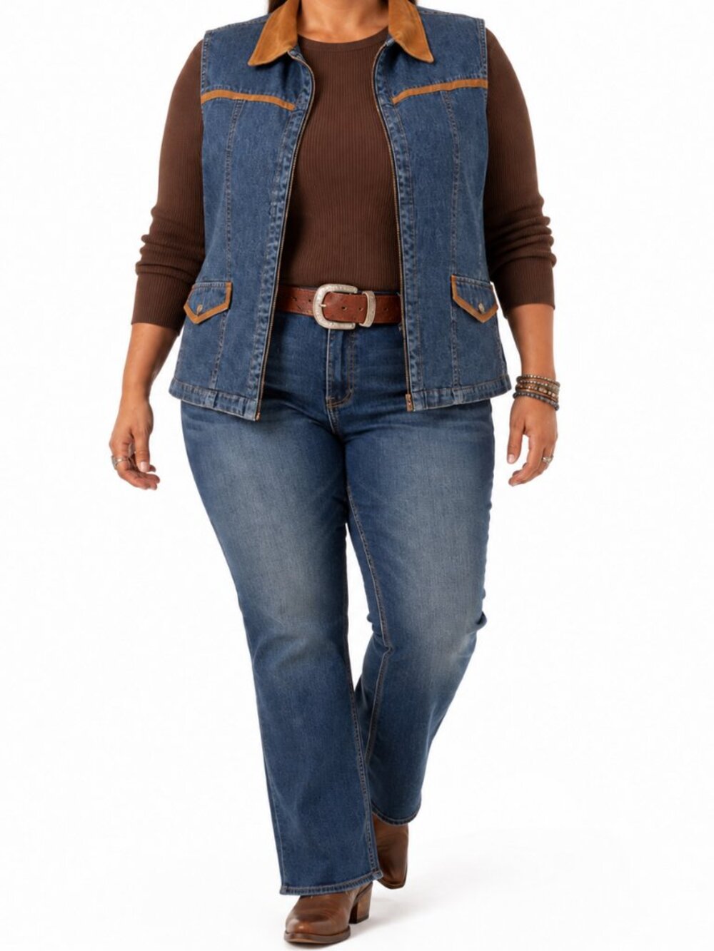 Denim Cowboycore Western Christopher & Banks Vest | Tan Contrast Trim [size 2X]